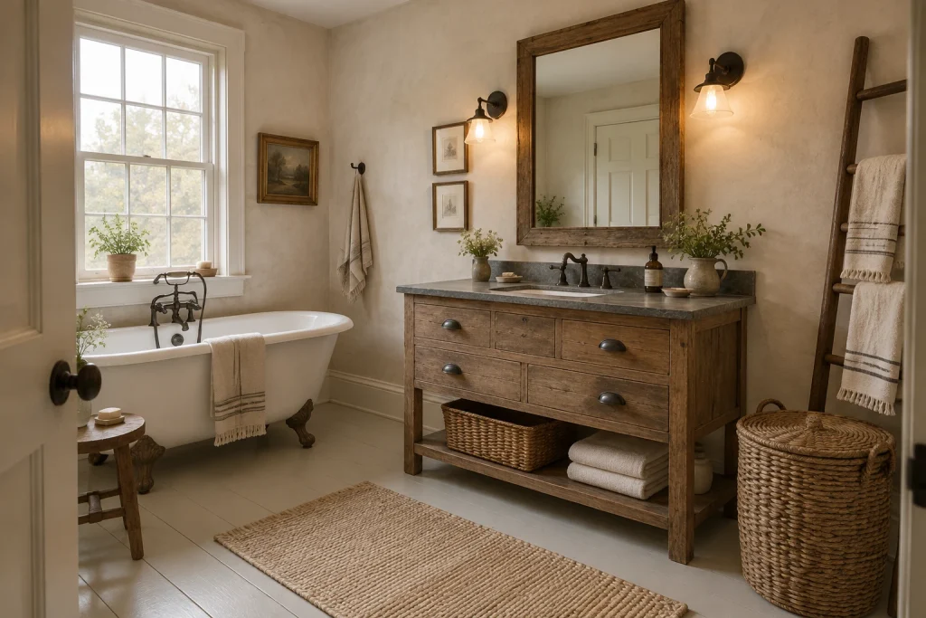 Farmhouse Retrofit with Reclaimed Wood and Bluestone, Rustic Farmhouse Bathroom in converted historic house interior