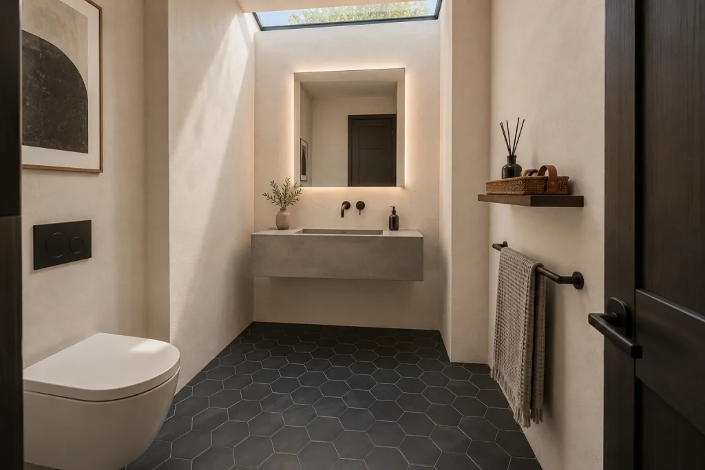 High-Contrast Texture Study: Black Hex Floor & Venetian Plaster, Modern Minimalist Sleek guest bathroom interior