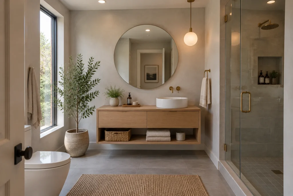Warm floating oak vanity with vessel sink and single pendant, Modern organic Full bathroom interior