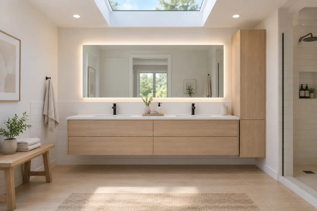Minimal double vanity with integrated sinks and LED backlit mirror, Scandinavian-minimal Master bathroom interior