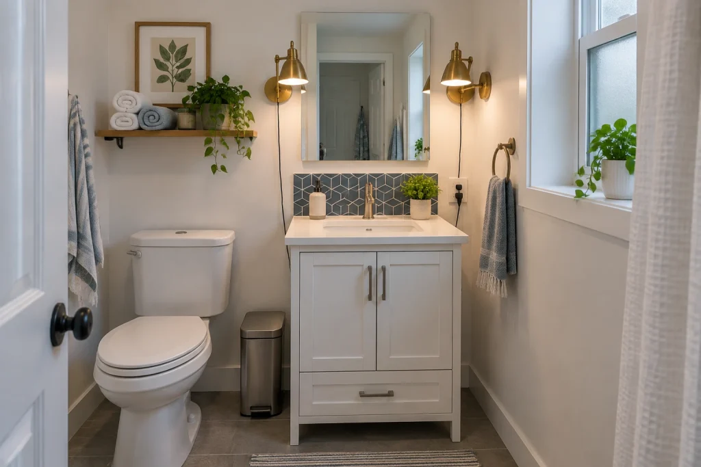 Compact renter-friendly vanity with plug-in sconces and temporary backsplash, Urban apartment, budget-conscious Small bathroom / apartment bath interior