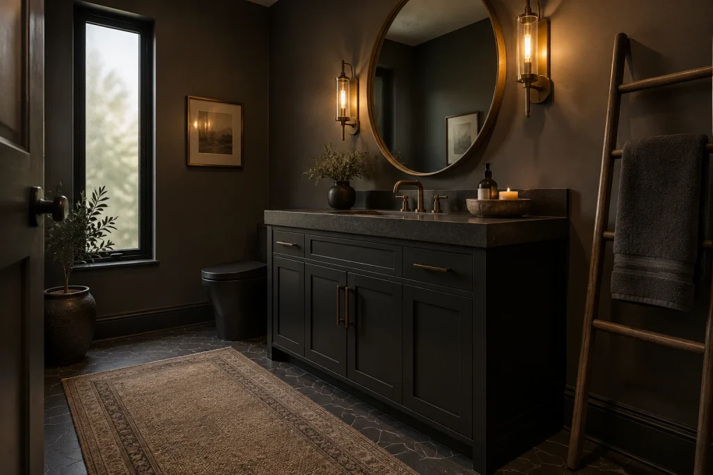 Moody matte-black vanity with stone countertop and brass accents, Contemporary moody Guest bathroom with dramatic finishes interior