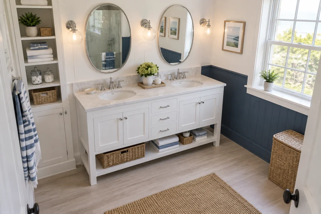 Coastal shaker vanity with twin oval mirrors and glass globe sconces, Coastal cottage Family bathroom interior