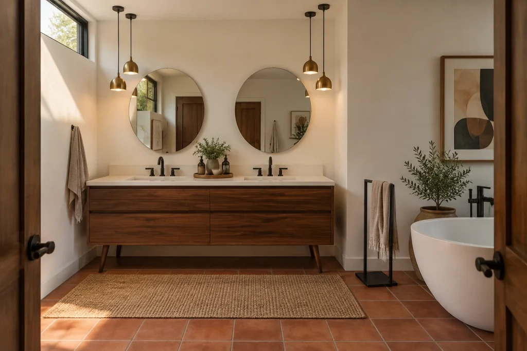 Mid-century walnut vanity with dual round mirrors and pendant cluster, Mid-century modern Master ensuite interior