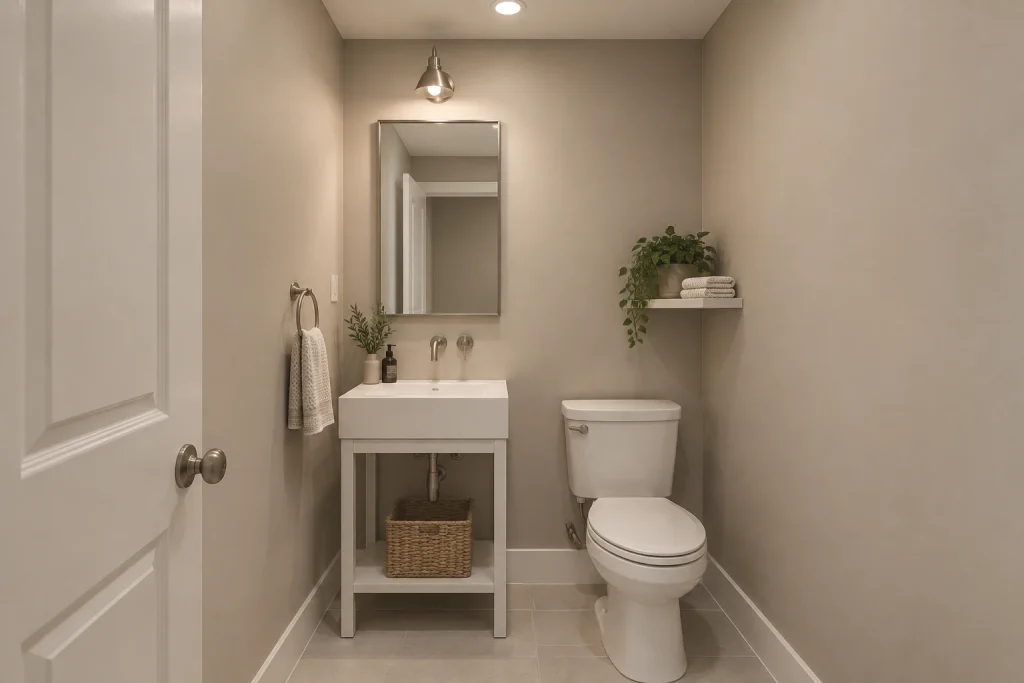 Space-saving narrow console vanity with wall-mount faucet in a powder room, Transitional small-space Powder room interior