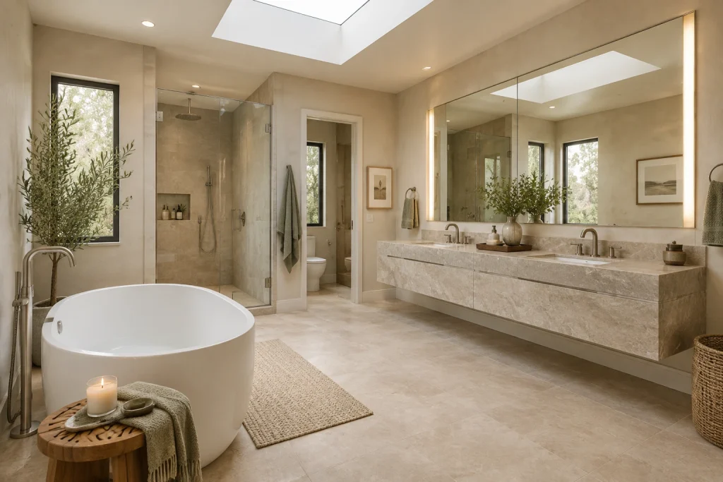 Spa-like double floating vanity with full-height mirror and vertical light strips, High-end spa-inspired Master bath with tub interior