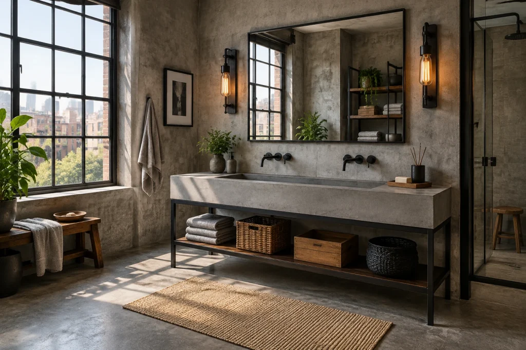 Industrial concrete-top vanity with trough sink and factory window, Industrial loft Loft bathroom interior