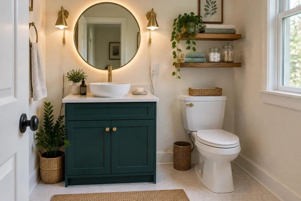 Bold painted stock vanity update with statement round mirror and battery LED strip, DIY / budget-forward statement Secondary bathroom interior