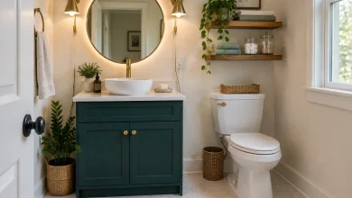Bold painted stock vanity update with statement round mirror and battery LED strip, DIY / budget-forward statement Secondary bathroom interior