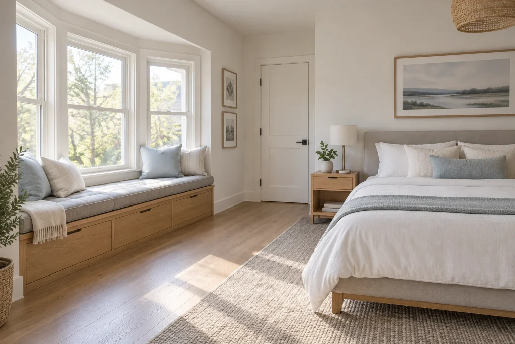 Built-in Bay Window Bench with Under-Drawer Storage, Scandinavian modern Master bedroom with bay window alcove interior