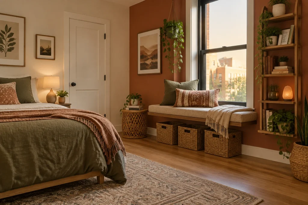 Renter-Friendly Floating Window Seat with Wall-Mounted Shelves, Boho eclectic, removable installation City apartment bedroom with single tall window interior
