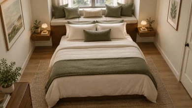 Window Seat as Headboard: Integrated Sleep Nook for a Small Bedroom, Modern organic Small urban bedroom where window seat forms a headboard interior