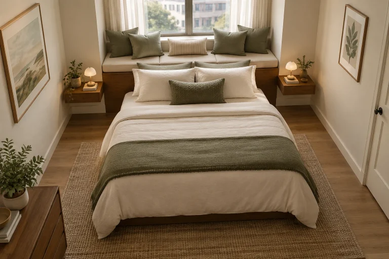 Window Seat as Headboard: Integrated Sleep Nook for a Small Bedroom, Modern organic Small urban bedroom where window seat forms a headboard interior