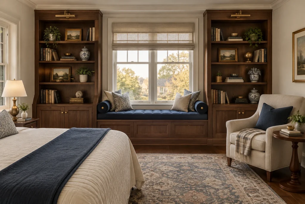 Built-In Library Window Seat with Flanking Shelving and Closed Cabinets, Traditional transitional library Guest bedroom doubled as reading nook interior