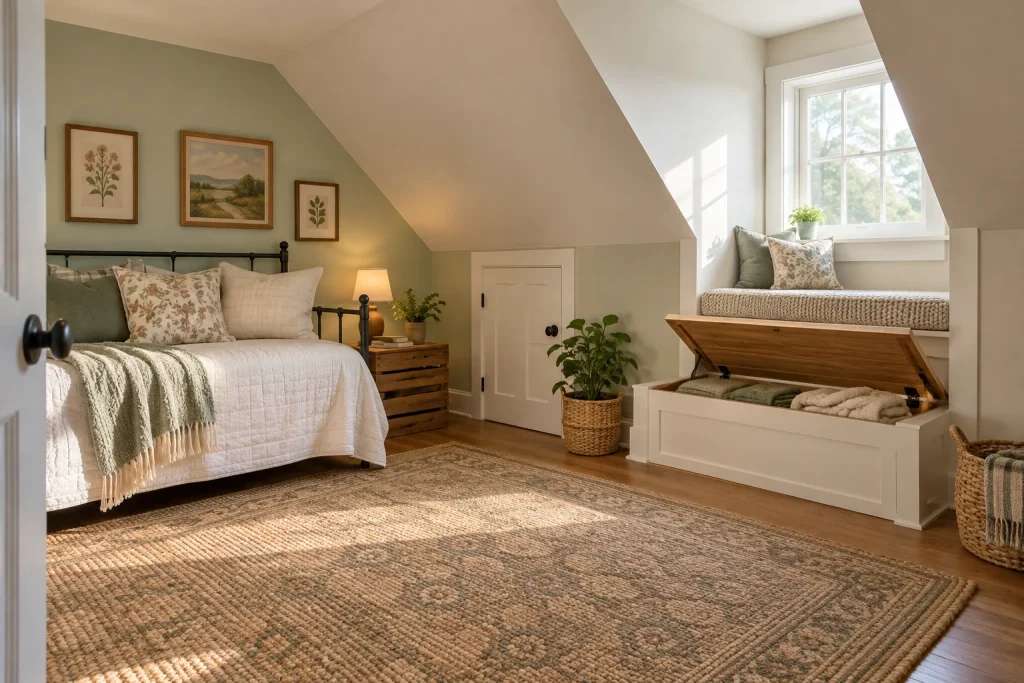 Dormer Corner Window Seat with Flip-Top Storage in an Attic Bedroom, Cottage cozy Attic/dormer bedroom with sloped ceiling interior