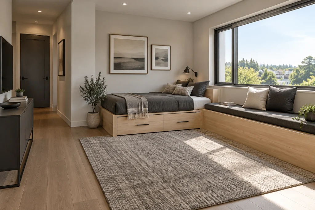 Platform Daybed Window Seat with Pull-Out Guest Bed and Integrated Drawers, Modern minimalist Studio bedroom that doubles as guest-ready lounge interior
