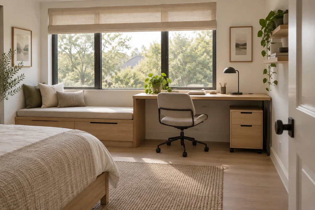 Window Seat with Integrated Desk — Work-from-Bedroom Solution, Japandi (Japanese + Scandinavian) Bedroom-home office hybrid interior