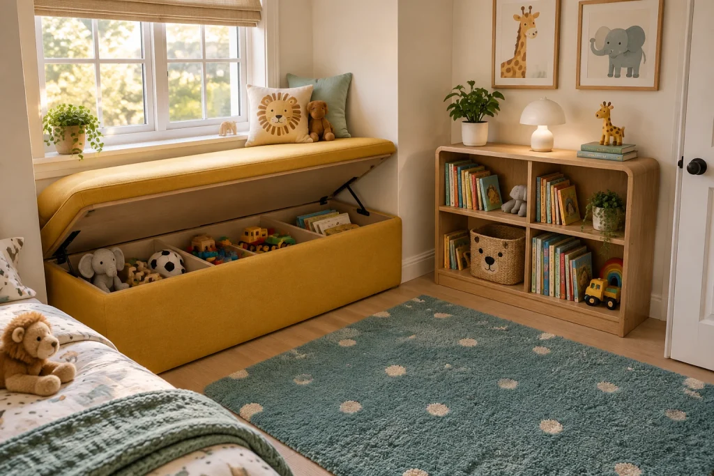 Playful Upholstered Window Seat with Concealed Toy Storage for a Kid's Room, Colorful modern kid-friendly Children's bedroom interior