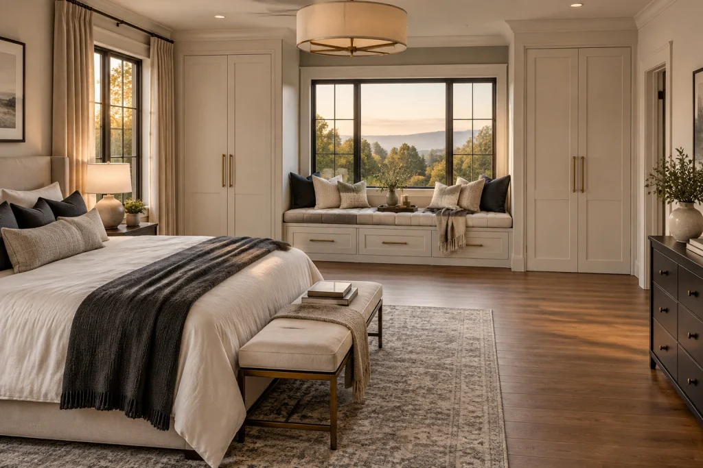 Layered Luxury Window Seat with Flanking Built-In Closets in a Master Suite, Contemporary luxe (approachable) Master bedroom with wide picture window and built-in closets interior