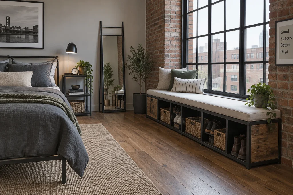 Industrial Loft Window Seat with Reclaimed Wood Top and Open Under-Storage for Shoes, Urban industrial, renter-conscious Loft-style bedroom with tall warehouse window interior