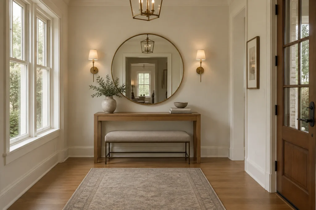 Timeless console and round mirror — classic boutique entry, Transitional classic Narrow foyer (entry hall) interior