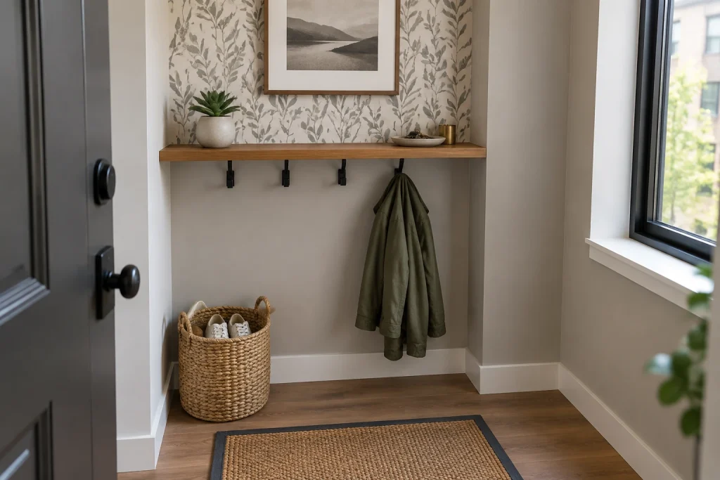 Renter-friendly floating shelf vignette with hooks, Budget modern / urban renter Small apartment entry alcove interior
