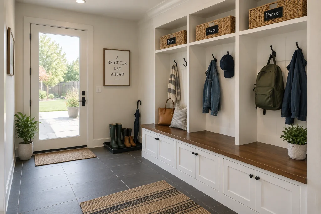 Built-in mudroom cubby with bench and durable surfaces, Casual modern farmhouse Back entry / mudroom interior