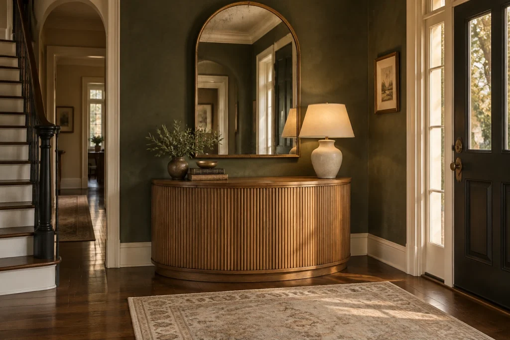 Curved console and vintage brass accents — boutique eclectic, Eclectic vintage boutique Front entry in a historic townhouse interior