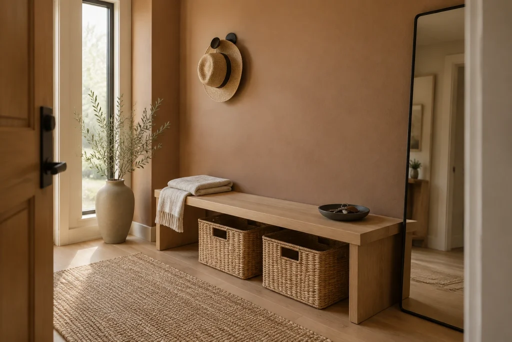 Minimal Japandi bench with woven storage, Japandi / minimal organic Small modern condo entry interior