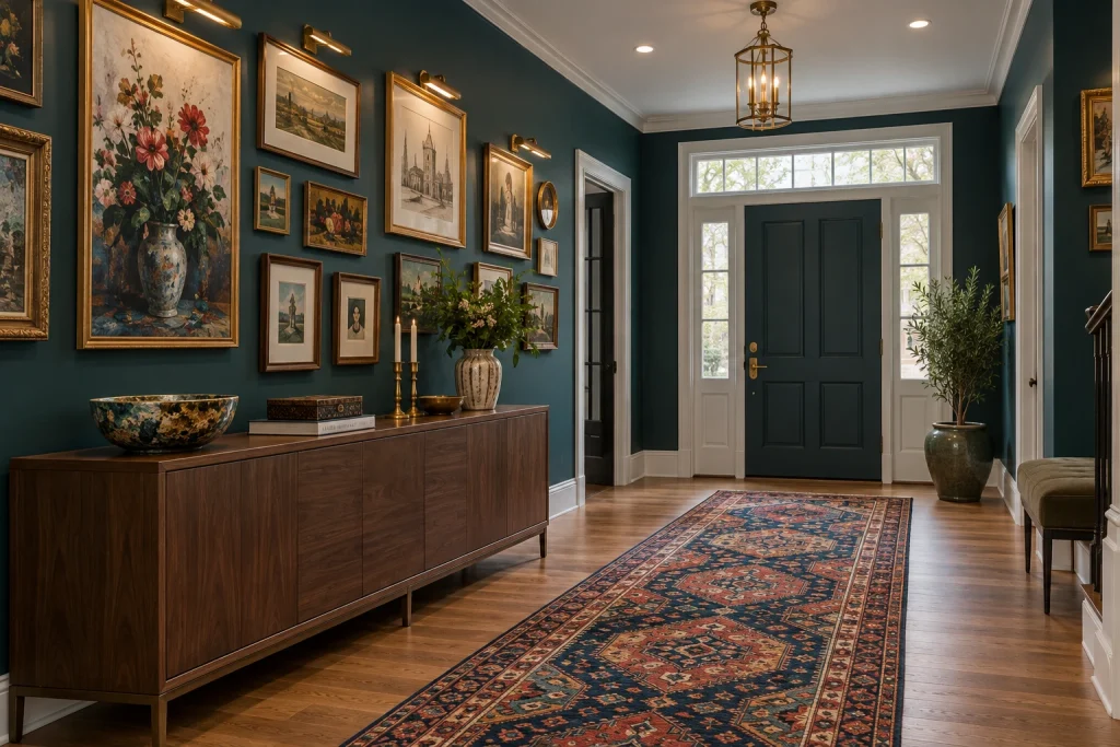Bold color and gallery wall for dramatic boutique feel, Contemporary maximalist boutique Wide entry hall for an urban home interior