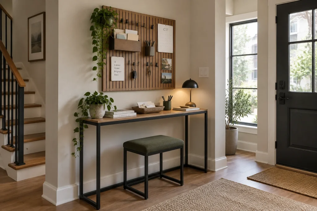 Multi-use entry with integrated mail and work drop, Modern functional / flexible Entry that doubles as a mini workspace in a townhouse interior