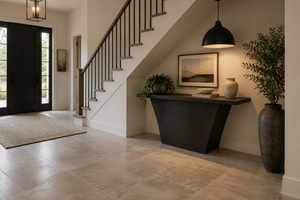Under-stair boutique vignette with pendant and planter, Architectural modern Entry at base of staircase interior
