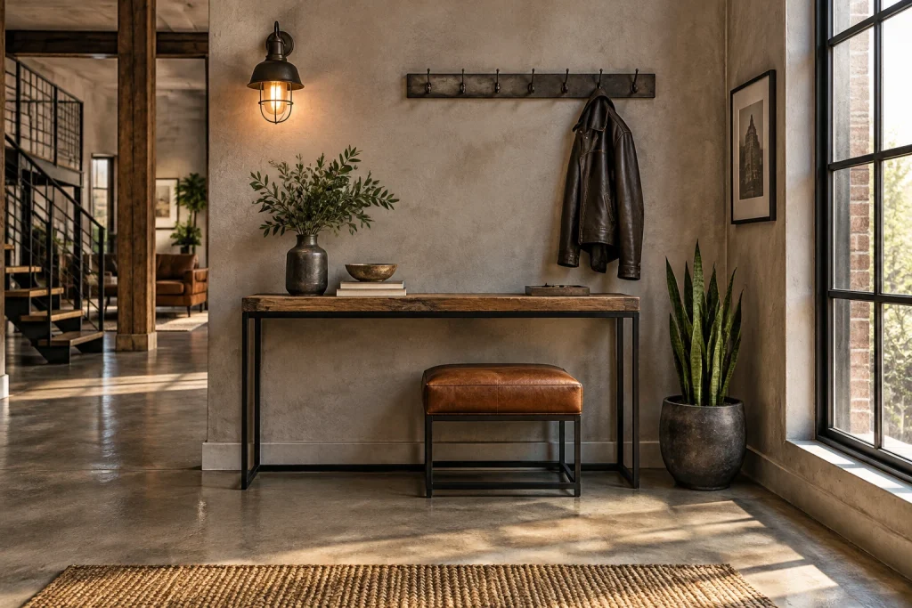 Industrial-chic entry with metal accents and leather stool, Industrial modern boutique Loft-style entry interior