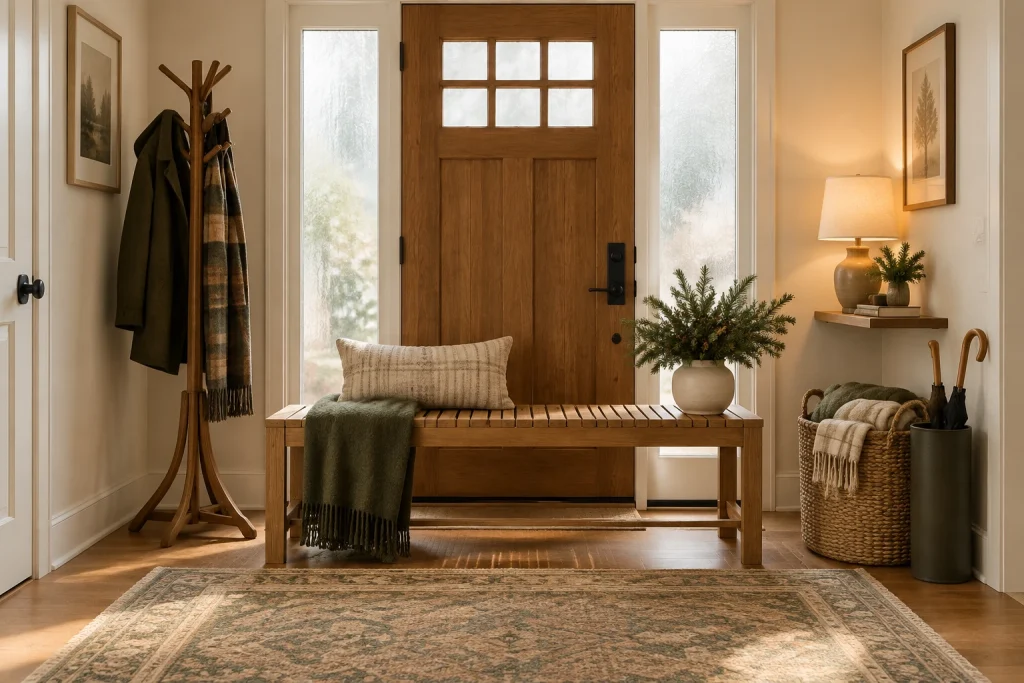 Seasonal layered welcome vignette — cozy and adaptable, Warm contemporary cottage Wide entry with bench and coat storage interior