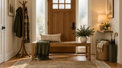 Seasonal layered welcome vignette — cozy and adaptable, Warm contemporary cottage Wide entry with bench and coat storage interior