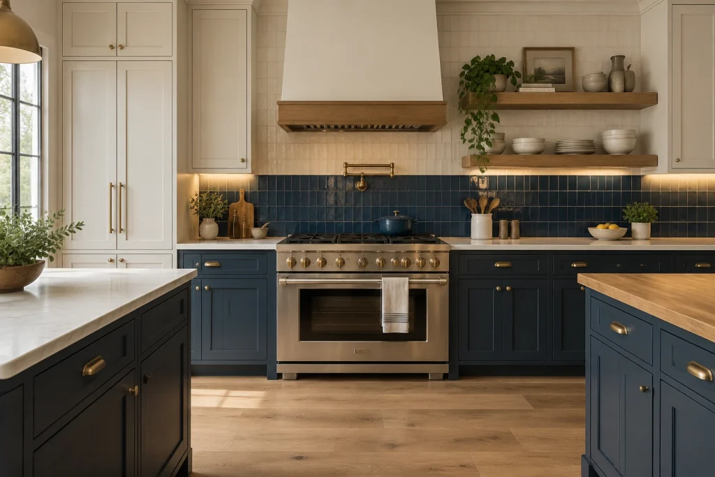 Two-Tone Full-Height Tile Behind Range, Modern Craftsman Kitchen — range wall focus interior