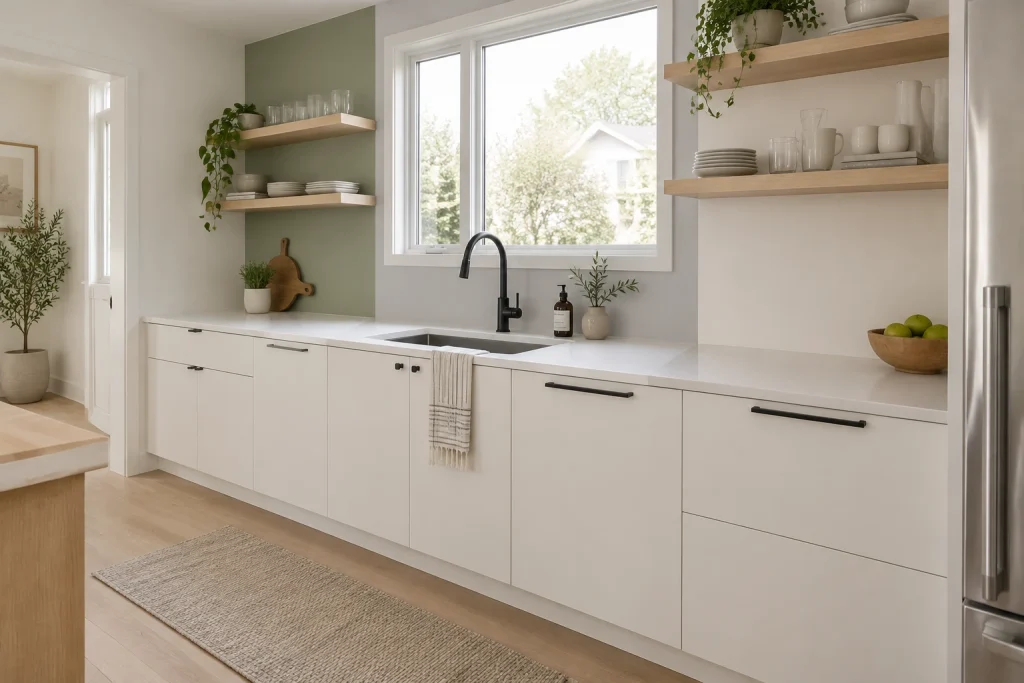 Vertical Color-Block Panels Behind Sink Run, Scandinavian Minimalist Kitchen — sink run with large window interior