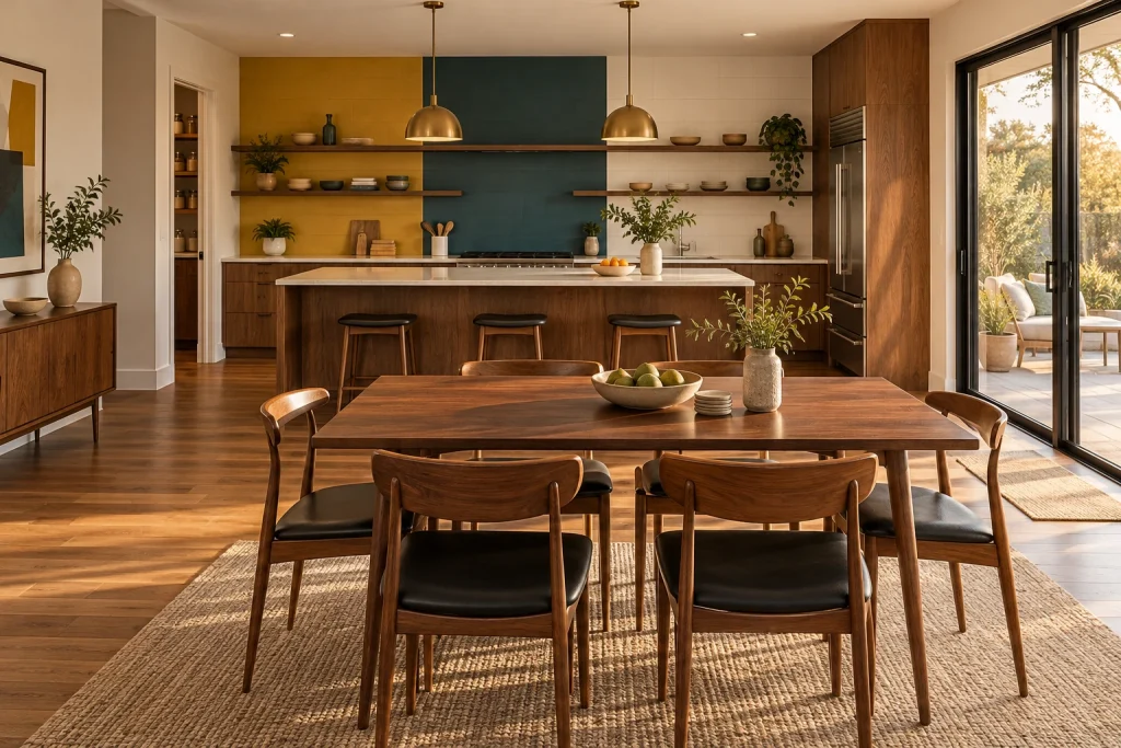 Bold Primary Blocks Above Open Shelving, Mid-Century Modern Open-plan kitchen-dining interior