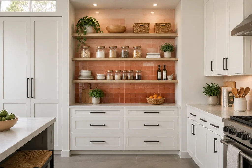 Ombre Gradient Tile Behind Open Pantry Nook, Contemporary Casual Kitchen with pantry nook interior