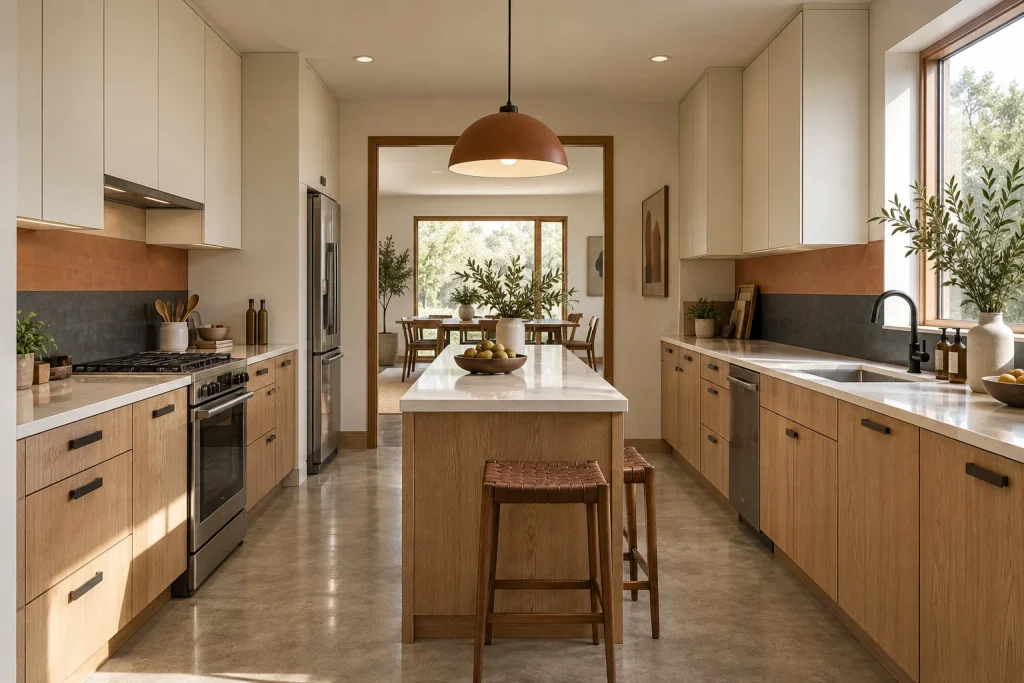 Horizontal Banding Above Lower Cabinets, Modern Organic Galley kitchen interior