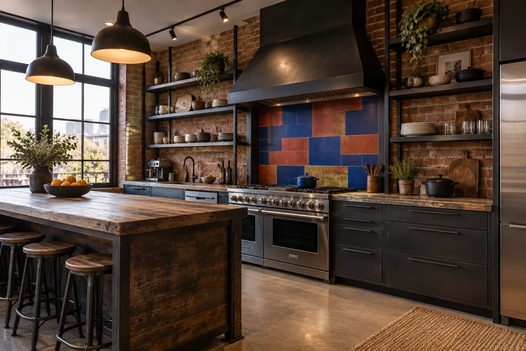 Geometric Tile Blocks Framed by Industrial Steel, Industrial Eclectic Kitchen with exposed brick wall interior