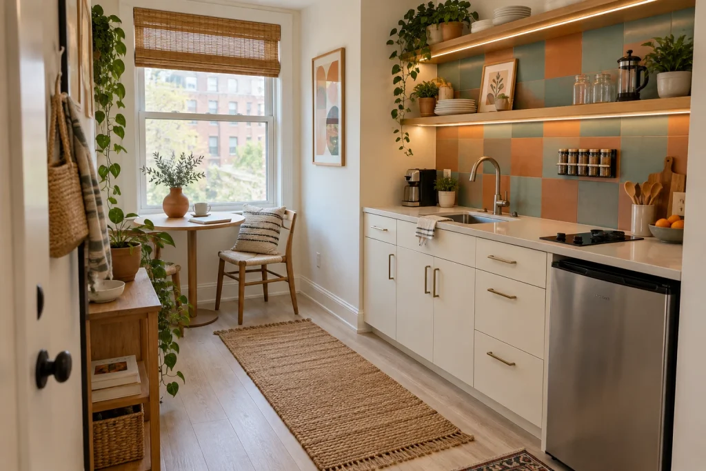 Renter-Friendly Adhesive Color Blocks Behind Open Shelves, Casual Bohemian Small apartment kitchenette interior