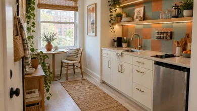 Renter-Friendly Adhesive Color Blocks Behind Open Shelves, Casual Bohemian Small apartment kitchenette interior