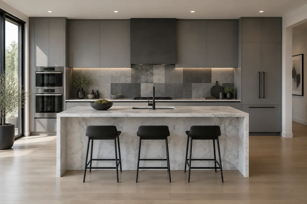 Monochrome Tonal Blocks for a High-End Minimal Look, Contemporary Minimal Luxury Open kitchen with island interior