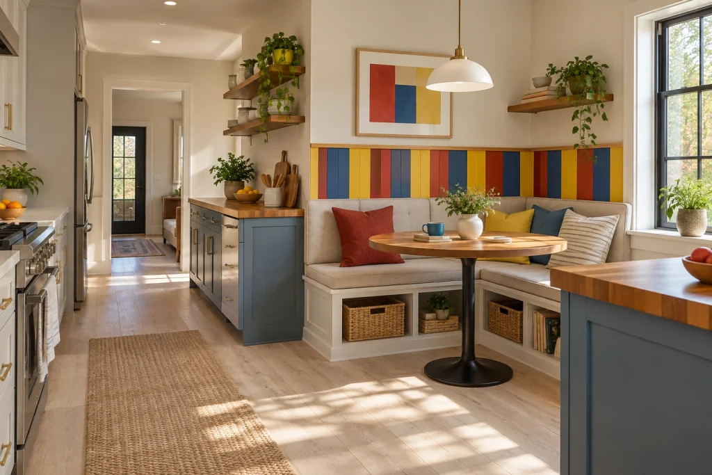 Playful Primary Color Stripe Behind Breakfast Nook, Eclectic Family-Friendly Kitchen with built-in breakfast banquette interior
