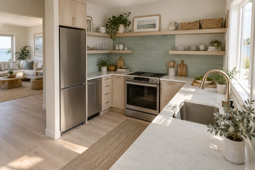 Pocket of Color Behind Floating Shelves in Small L-Shape, Coastal Modern Small L-shaped kitchen interior