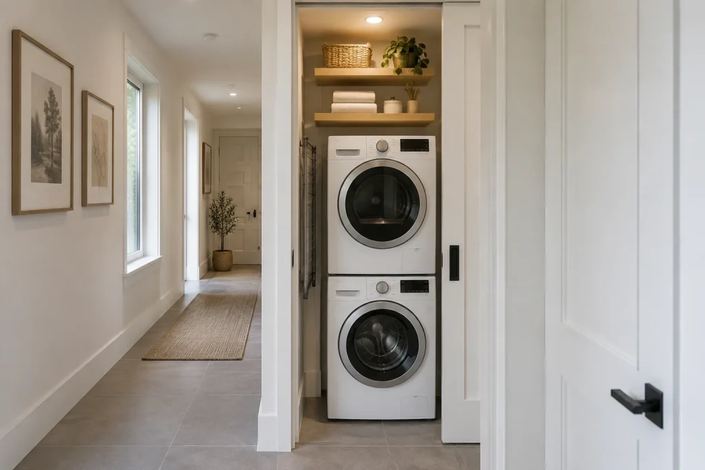 Stacked washer/dryer closet with pull-out drying rack and sliding pocket door, Modern Scandinavian Closet-style laundry alcove in a hallway interior