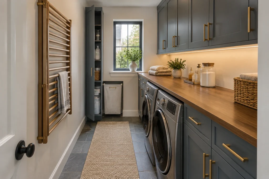 Galley laundry with fold-down drying wall and integrated folding counter, Modern Organic Narrow galley laundry room interior