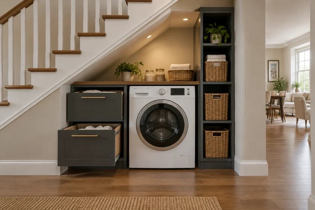Under-stair compact laundry with hidden pull-out hamper drawers and vertical shelving, Transitional Under-stair niche converted to laundry station interior