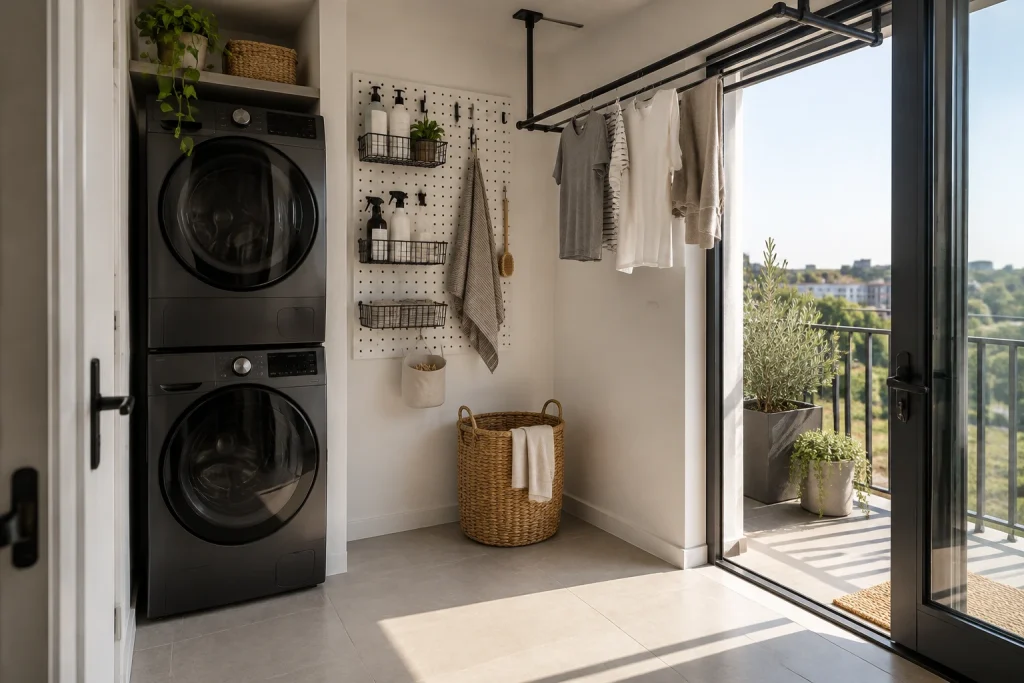 Balcony alcove laundry with vertical pegboard storage and ceiling-mounted fold-down drying rod, Urban Minimalist Small laundry nook opening onto a balcony or exterior window interior